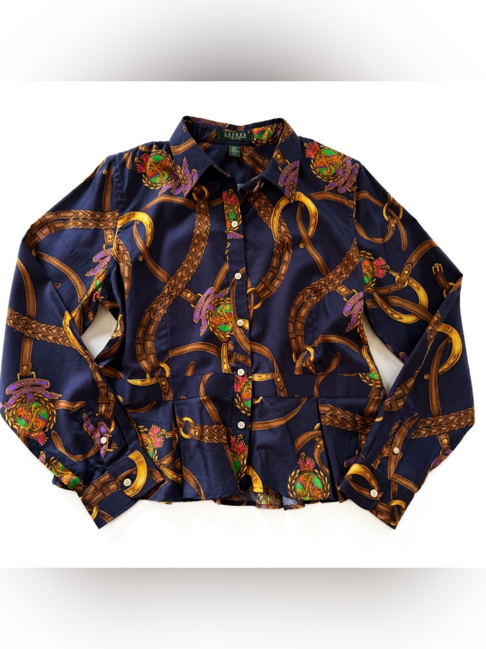 Lauren Ralph Lauren Shirt Womens 14 Petite Equestrian Navy Blue Print